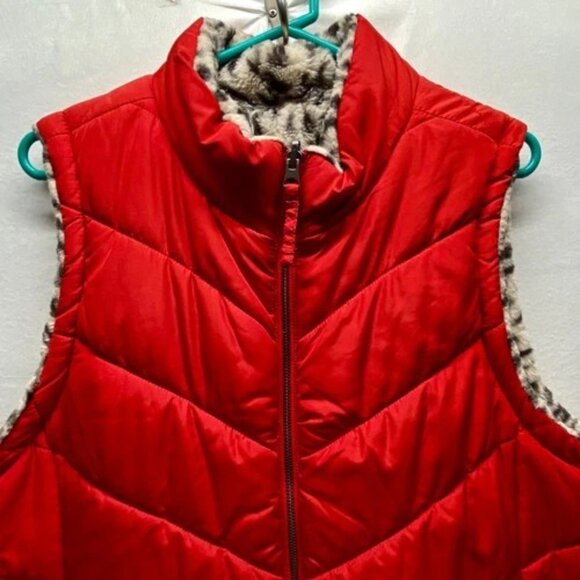 Maurices Reversible Vest Women's XXL Red Puffer Leopard Print Sherpa Full Zip - Picture 2 of 12